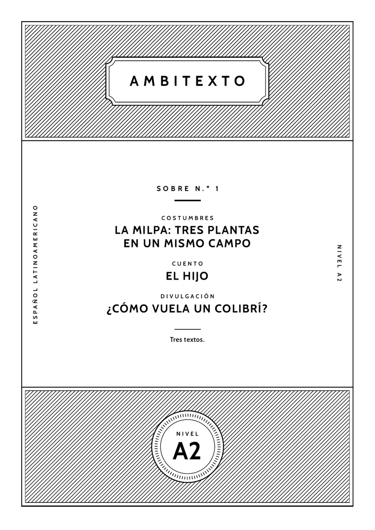 La portada del sobre número 1, nivel A2: una franja negra con la cartela de Ambitexto y los tres textos que trae. Marianela, novela por entregas. El regreso del lince ibérico, una noticia. ¿Por qué el cielo es azul?, un texto de no ficción.