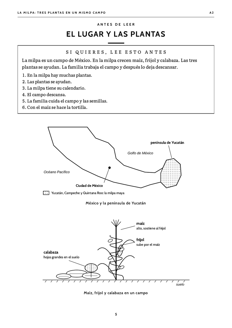 Una página titulada El lugar y las personas: un mapa dibujado a mano de las minas de Socartes, un esquema de quién es quién en la novela y una lista corta de palabras con su explicación en español.