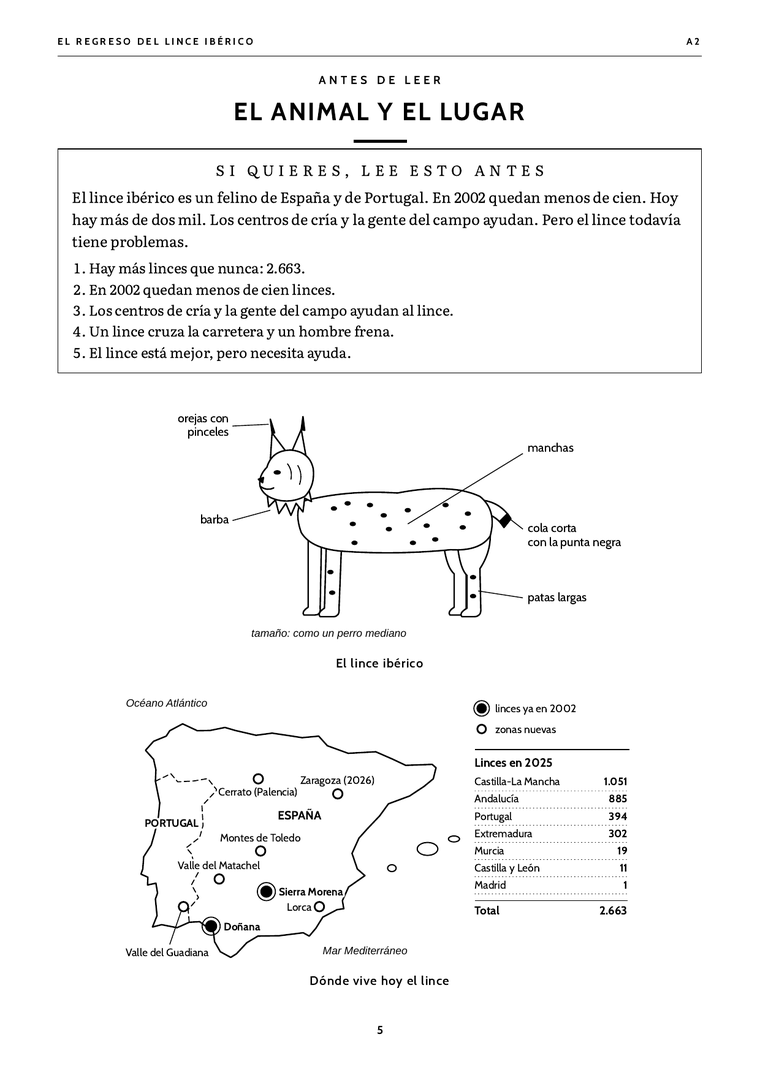 Una página titulada El lugar y las personas: un mapa dibujado a mano de las minas de Socartes, un esquema de quién es quién en la novela y una lista breve de palabras con su explicación en español.