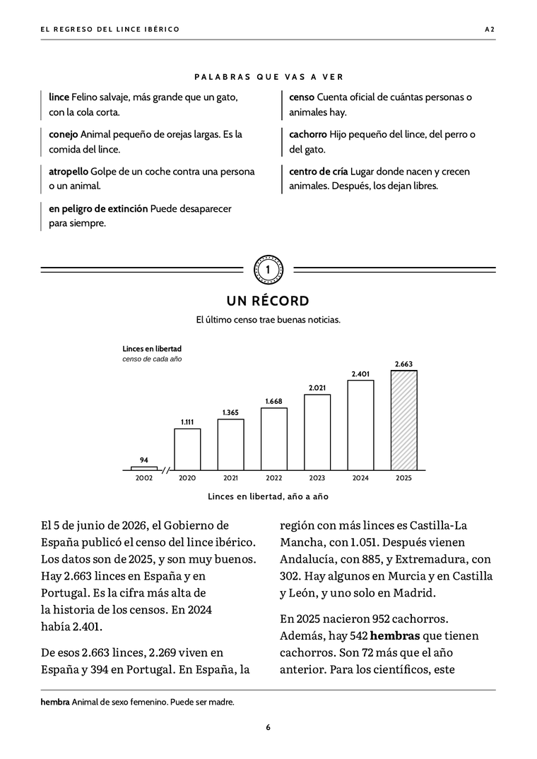 La primera página de la novela Perdido: el dibujo de un viajero perdido en una colina de noche y después el texto, con las palabras clave en negrita y explicadas en español al margen.